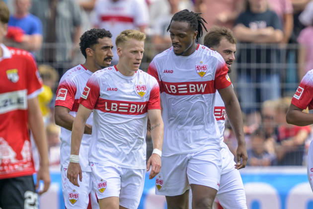 im Bild v.l.: Tor, Treffer, Jubel, Torjubel, Freude, Begeisterung, feiert, nach 0:3 durch Chris Fuehrich ( 10, VFB Stuttgart), GER, Balingen Fussball, Testspiel, TSG Balingen vs VfB Stuttgart in der Bizerba Arena Balingen, 19.07.2026, DFB DFL REGULATIONS PROHIBIT ANY USE OF PHOTOGRAPHS AS IMAGE SEQUENCES AND OR QUASI-VIDEO, Copyright: HMBxMedia UwexKoch