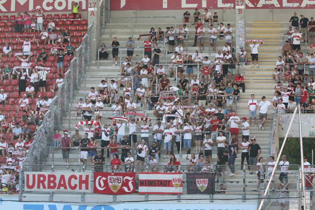 29.07.2026 xmgoodx Offenbach am Main, Plutos Stadion am Bieberer Berg - Jubiläumsspiel Kickers Offenbach (OFC) - VfB Stuttgart Die mitgeristen VfB-Fans