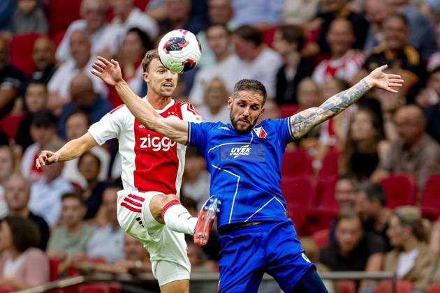 AMSTERDAM - AFC Ajax Amsterdam midfielder Youri Regeer, FK Vojvodina forward Aleksa Vukanovic during the Conference League match between AFC Ajax and FK Vojvodina at the Johan Cruijff ArenA on July 30, 2026 in Amsterdam, the Netherlands. (Photo by DeFodi Images) -