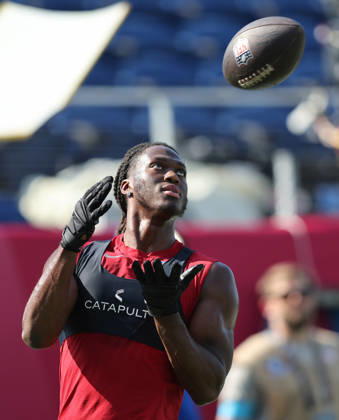 Arizona Cardinals receiver Marvin Harrison Jr. (18) makes a catch before the Cardinals preseason game against Carolina Panthers in the Pro Football Hall of Fame Game in Canton, Ohio, on Thursday, August 6, 2026.  CAN20260806104 AARONxJOSEFCZYK
