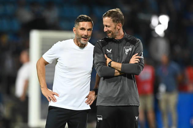 Schlussjubel, Jubel, jubeln, Freude, cheers, Trainer Stefan LEITL (B) und Co-Trainer Andreas SCHUMACHER (B) Fussball 2. Bundesliga, 1. Spieltag, VfL Bochum (BO) - Hertha BSC Berlin (B) 0-1 am 07.08.2026 im Vonovia Ruhrstadion Bochum Deutschland. DFL regulations prohibit any use of photographs as image sequences and or quasi-video Â