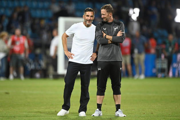 Schlussjubel, Jubel, jubeln, Freude, cheers, Trainer Stefan LEITL (B) und Co-Trainer Andreas SCHUMACHER (B) Fussball 2. Bundesliga, 1. Spieltag, VfL Bochum (BO) - Hertha BSC Berlin (B) 0-1 am 07.08.2026 im Vonovia Ruhrstadion Bochum Deutschland. DFL regulations prohibit any use of photographs as image sequences and or quasi-video Â