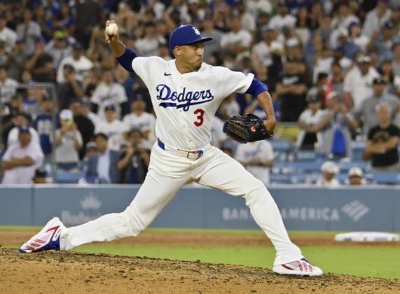 Los Angeles Dodgers closing pitcher Edwin Diaz winds up to deliver against the Kansas City Royals at Dodger Stadium in Los Angeles on Monday, August 10, 2026. LAP2026081006 JIMxRUYMEN