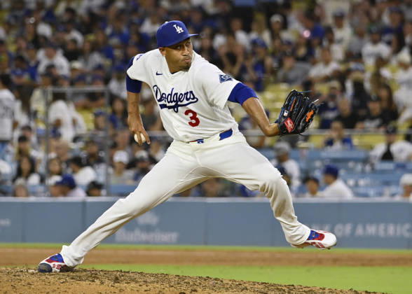 Los Angeles Dodgers closing pitcher Edwin Diaz winds up to deliver against the Kansas City Royals at Dodger Stadium in Los Angeles on Monday, August 10, 2026. LAP2026081008 JIMxRUYMEN
