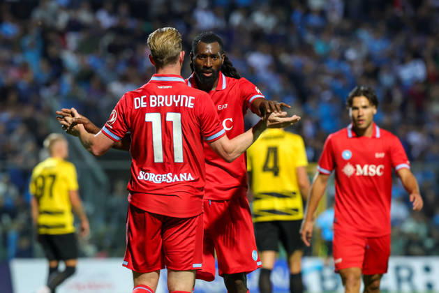 Napoli™s Kevin De Bruyne celebrates after scoring goal 3-1 during the friendly match Napoli and Aris Salonicco at the Teofilo Patini Stadium in Castel Di Sangro, Central Southern Italy - Tuesday, August 12 , 2026. - Soccer .  Copyright: xAlessandroxGarofalo LaPressex