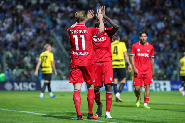 Napoli™s Kevin De Bruyne celebrates after scoring goal 3-1 during the friendly match Napoli and Aris Salonicco at the Teofilo Patini Stadium in Castel Di Sangro, Central Southern Italy - Tuesday, August 12 , 2026. - Soccer . Copyright: xAlessandroxGarofalo LaPressex
