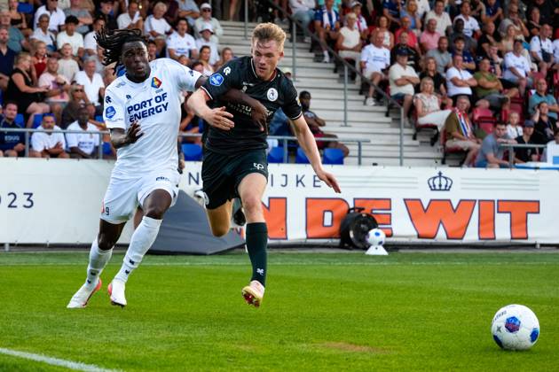 VELSEN-ZUID , 14-08-2026 , BUKO Stadion , season 2026 2027 , Dutch Eredivisie football , match between Telstar and Sparta Rotterdam , Picture shows Telstar player Jelani Seedorf, Sparta Rotterdam player Nick Verschuren Telstar - Sparta x205710279x Copyright: