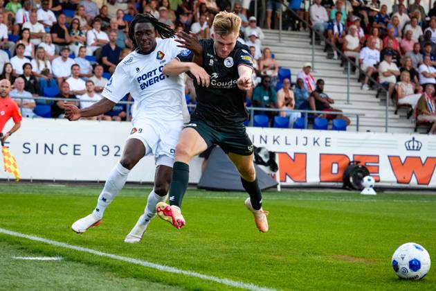 VELSEN-ZUID , 14-08-2026 , BUKO Stadion , season 2026 2027 , Dutch Eredivisie football , match between Telstar and Sparta Rotterdam , Picture shows Telstar player Jelani Seedorf, Sparta Rotterdam player Nick Verschuren Telstar - Sparta x205710283x Copyright: