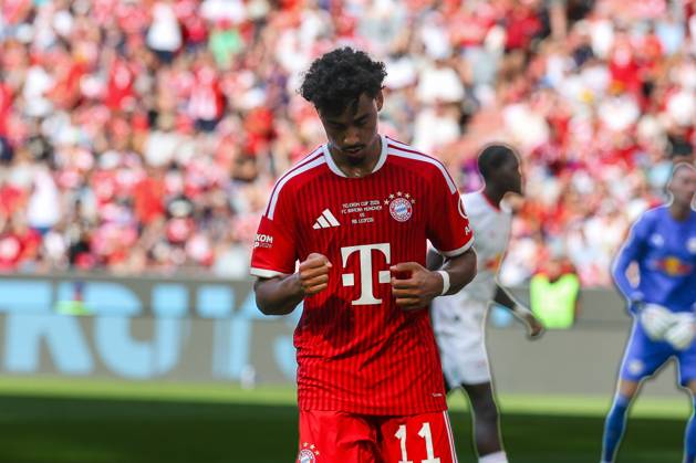 Torjubel von Nathaniel Brown 11 (FC Bayern Muenchen) zum 2:1, FC Bayern Muenchen vs. RB Leipzig, Fussball, Telekom Cup, 15.08.2026 Muenchen Bayern Deutschland