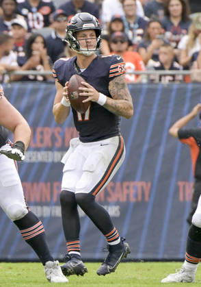 Chicago Bears quarterback Tyson Bagent (17) looks for an open receiver in the second quarter against the Cleveland Browns during a preseason game at Soldier Field in Chicago on Saturday, August 15, 2026.  CHI20260815113 MARKxBLACK