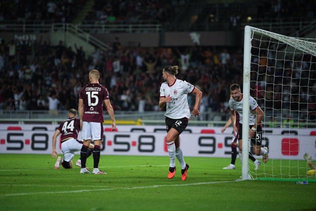Milan™s Adrien Rabiot celebrates after scoring the 2-0 goal for his team during the Serie A soccer match between Torino and Milan at the Stadio Olimpico Grande Torino in Turin, north west Italy - Sunday, August 23, 2026. - Soccer . Copyright: xMarcoxAlpozzi LaPressex