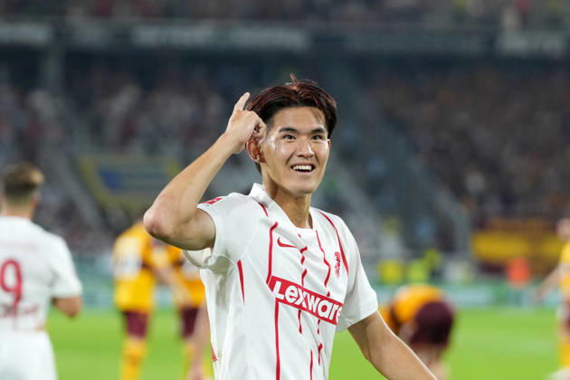 Keisuke Goto (SC Freiburg, 42) Torjubel, Emotionen, Torschuss, Abschluss, Torerfolg, Tor, Treffer , Deutschland, Fussball, UEFA Conference League, Play-offs, Rückspiel, 2026 2027, SC Freiburg vs. Motherwell FC, 27.08.2026, Europa-Park Stadion, Freiburg Freiburg Europa-Park Stadion Baden-Württemberg Deutschland Copyright: xArnexAmbergx