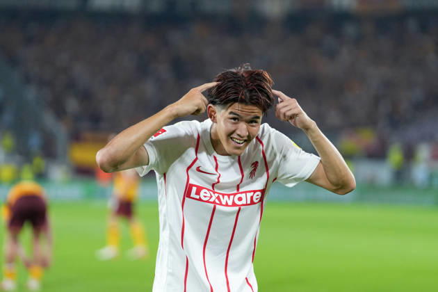 Keisuke Goto (SC Freiburg, 42) Torjubel, Emotionen, Torschuss, Abschluss, Torerfolg, Tor, Treffer , Deutschland, Fussball, UEFA Conference League, Play-offs, Rückspiel, 2026 2027, SC Freiburg vs. Motherwell FC, 27.08.2026, Europa-Park Stadion, Freiburg Freiburg Europa-Park Stadion Baden-Württemberg Deutschland Copyright: xArnexAmbergx