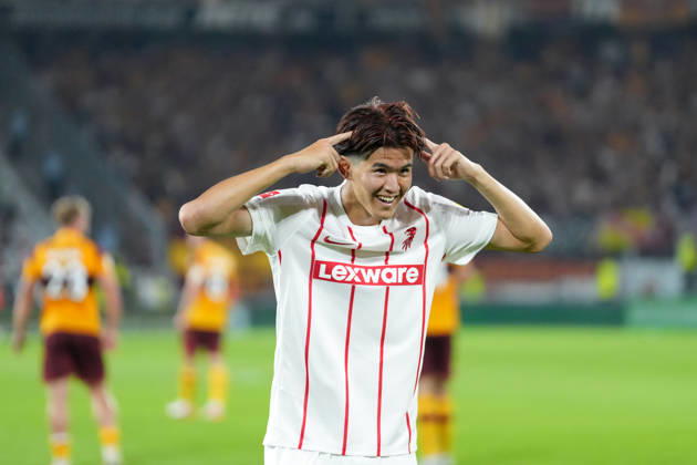 Keisuke Goto (SC Freiburg, 42) Torjubel, Emotionen, Torschuss, Abschluss, Torerfolg, Tor, Treffer , Deutschland, Fussball, UEFA Conference League, Play-offs, Rückspiel, 2026 2027, SC Freiburg vs. Motherwell FC, 27.08.2026, Europa-Park Stadion, Freiburg Freiburg Europa-Park Stadion Baden-Württemberg Deutschland Copyright: xArnexAmbergx