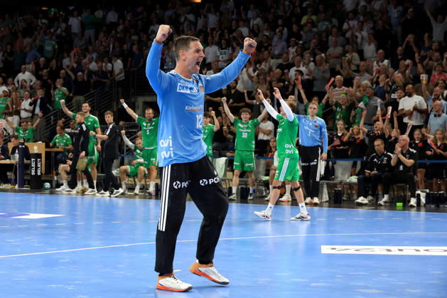 27.08.2026, GER Deutschland, Handball, 1.Bundesliga, 27.08.2026, Saison 2026 2027, Berlin, Fuechse Berlin vs Melsungen Palicka, Andreas ( Fuechse Berlin 12 ), Jubel, jubelt, Freude, Glueck, gluecklich, positive Emotionen, Berlin Max-Schmeling-Halle Berlin Deutschland Copyright: xNordphotox xEnglerx