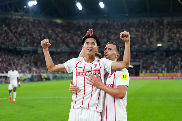 Keisuke Goto (SC Freiburg, 42) Torjubel, Emotionen, Torschuss, Abschluss, Torerfolg, Tor, Treffer, Lucas Höler Lucas Hoeler (SC Freiburg, 09) , Deutschland, Fussball, UEFA Conference League, Play-offs, Rückspiel, 2026 2027, SC Freiburg vs. Motherwell FC, 27.08.2026, Europa-Park Stadion, Freiburg Freiburg Europa-Park Stadion Baden-Württemberg Deutschland Copyright: xArnexAmbergx