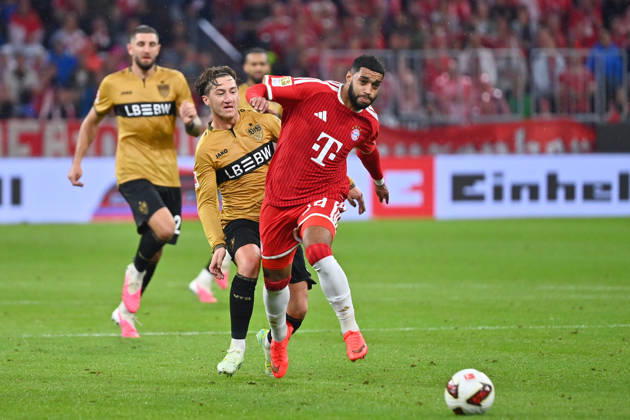 Ismael SAIBARI (Bayern Muenchen), Aktion,Zweikampf gegen Angelo STILLER (VFB Stuttgart). Fussball 1. Bundesliga Saison 2026 2027, 1.Spieltag, Spieltag01, FC Bayern Muenchen - VfB Stuttgart 5-1 am 28.08.2026 , A L L I A N Z A R E N A.