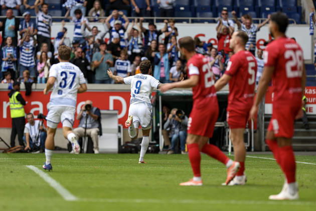 29.08.2026, GER, Fussball, Herren, 3. Liga, Saison 2026 2027, MSV Duisburg - FC Würzburger Kickers Lex-Tyger Lobinger (Duisburg) Torjubel, jubelt nach seinem Treffer zum 1:0 Duisburg schauinsland-reisen-Arena Nordrhein-Westfalen Deutschland Copyright: xAdrianxSchlüterx