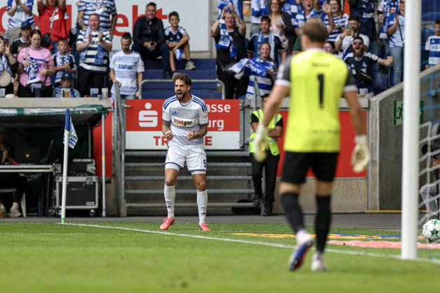29.08.2026, GER, Fussball, Herren, 3. Liga, Saison 2026 2027, MSV Duisburg - FC Würzburger Kickers Lex-Tyger Lobinger (Duisburg) Torjubel, jubelt nach seinem Treffer zum 1:0 Duisburg schauinsland-reisen-Arena Nordrhein-Westfalen Deutschland Copyright: xAdrianxSchlüterx