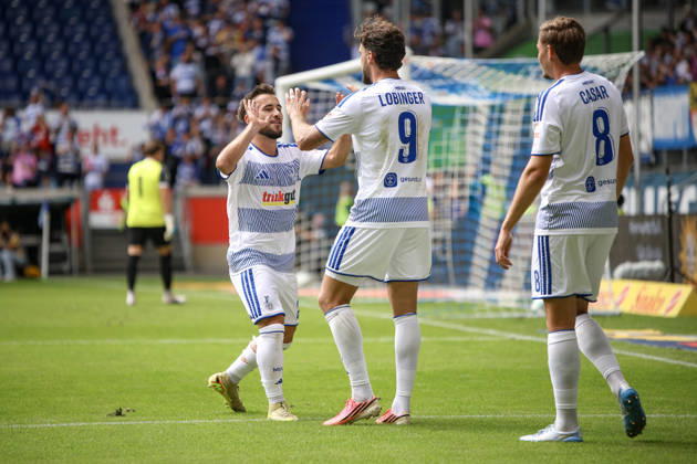 29.08.2026, GER, Fussball, Herren, 3. Liga, Saison 2026 2027, MSV Duisburg - FC Würzburger Kickers Lex-Tyger Lobinger (Duisburg) Torjubel, jubelt nach seinem Treffer zum 2:0 mit Can Coskun (Duisburg) Duisburg schauinsland-reisen-Arena Nordrhein-Westfalen Deutschland Copyright: xAdrianxSchlüterx