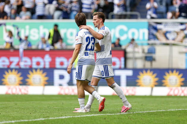 29.08.2026, GER, Fussball, Herren, 3. Liga, Saison 2026 2027, MSV Duisburg - FC Würzburger Kickers Christian Viet (Duisburg) Torjubel, jubelt nach seinem Treffer zum 3:0 mit Jan-Simon Symalla (Duisburg) Duisburg schauinsland-reisen-Arena Nordrhein-Westfalen Deutschland Copyright: xAdrianxSchlüterx