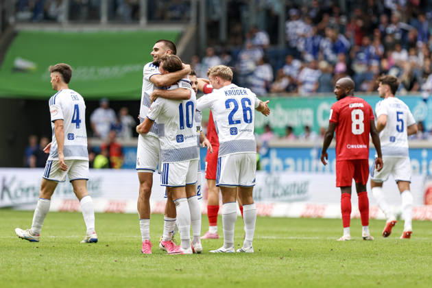 29.08.2026, GER, Fussball, Herren, 3. Liga, Saison 2026 2027, MSV Duisburg - FC Würzburger Kickers Christian Viet (Duisburg) Torjubel, jubelt nach seinem Treffer zum 3:0 mit Rasim Bulic (Duisburg) Duisburg schauinsland-reisen-Arena Nordrhein-Westfalen Deutschland Copyright: xAdrianxSchlüterx