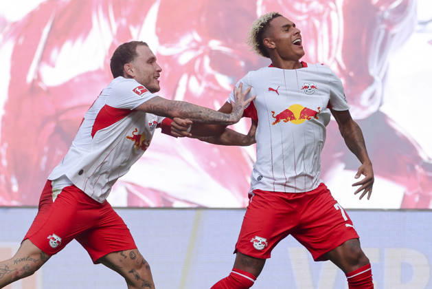 Antonio Nusa (RB Leipzig) bejubelt seinen Treffer zum 2:0 mit David Raum (RB Leipzig) waehrend des Spiels der 1. Bundesliga zwischen RB Leipzig und Borussia Moenchengladbach, Red Bull Arena am 29. August 2026 in Leipzig, Deutschland. (Foto von Marco Steinbrenner DeFodi Images) +++ Antonio Nusa (RB Leipzig) celebrates after scoring his teams second goal with David Raum (RB Leipzig) during the Bundesliga match between RB Leipzig and Borussia Moenchengladbach at Red Bull Arena on August 29, 2026 in Leipzig, Germany. (Photo by Marco Steinbrenner DeFodi Images) DFB DFL REGULATIONS PROHIBIT ANY USE OF PHOTOGRAPHS AS IMAGE SEQUENCES AND OR QUASI-VIDEO. (Photo by Marco Steinbrenner DeFodi Images) -