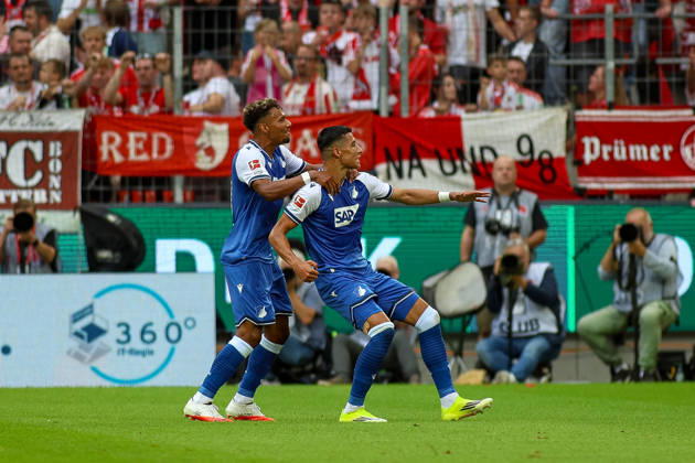 29.08.2026, GER, Fussball, Herren, Bundesliga , 1. Bundesliga, Saison 2026 2027, 1. FC Köln - TSG 1899 Hoffenheim Adam Daghim (TSG) Torjubel, jubelt nach seinem Treffer zum 0:1 mit Bambasà Contà (TSG) Copyright: xSvenxHanischx