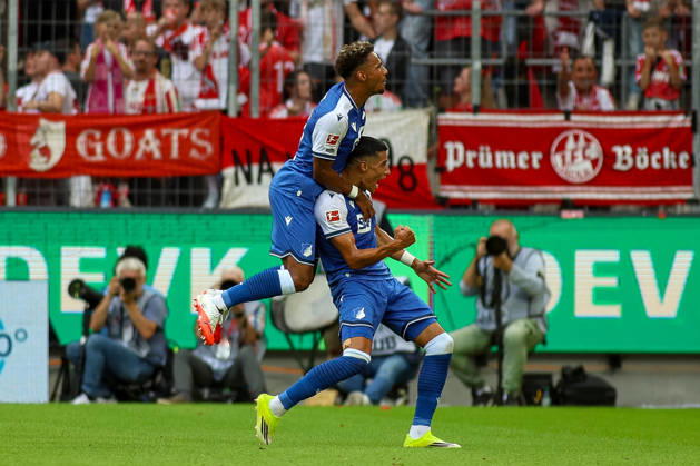 29.08.2026, GER, Fussball, Herren, Bundesliga , 1. Bundesliga, Saison 2026 2027, 1. FC Köln - TSG 1899 Hoffenheim Adam Daghim (TSG) Torjubel, jubelt nach seinem Treffer zum 0:1 mit Bambasà Contà (TSG) Copyright: xSvenxHanischx