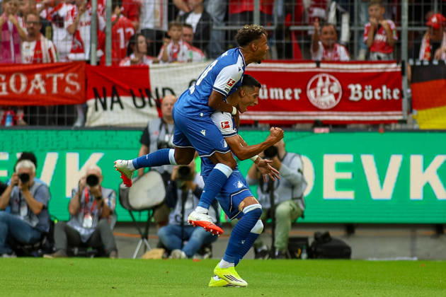 29.08.2026, GER, Fussball, Herren, Bundesliga , 1. Bundesliga, Saison 2026 2027, 1. FC Köln - TSG 1899 Hoffenheim Adam Daghim (TSG) Torjubel, jubelt nach seinem Treffer zum 0:1 mit Bambasà Contà (TSG) Copyright: xSvenxHanischx