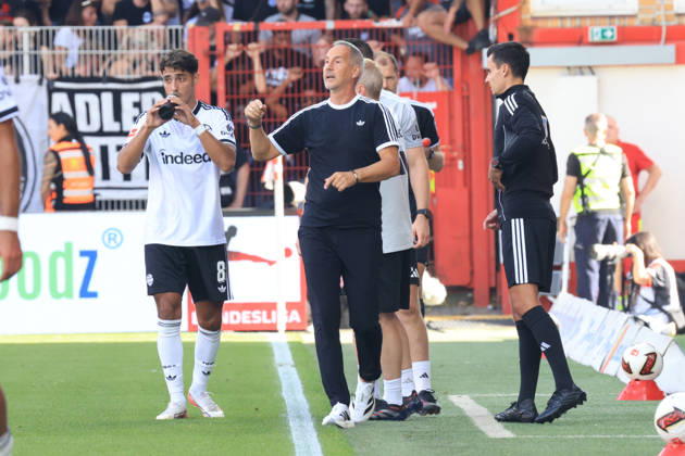 29.08.2026, GER , Fussball, 1.Fussballbundesliga, 2026 2027, Alte Foersterei, 1.FC Union vs. Eintracht Frankfurt Cheftrainer Ali Huetter ( Eintracht Frankfurt ), Fares Chaibi ( Eintracht Frankfurt 8 ) 1. Liga: DFB DFL regulations prohibit any use of photographs as image sequences and or quasi-video) Berlin Stadion Alte Foersterei Berlin Deutschland Copyright: xNordphotox xEnglerx