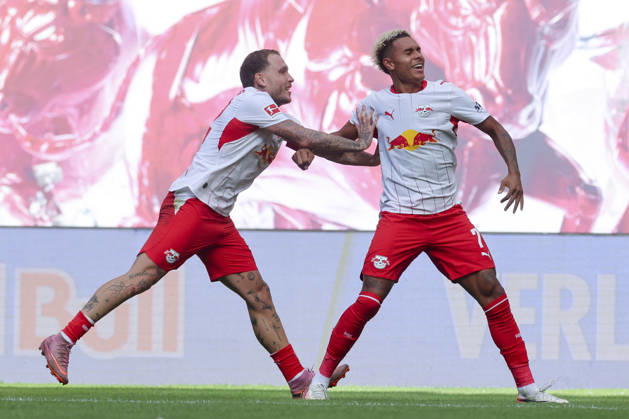 Antonio Nusa (RB Leipzig) bejubelt seinen Treffer zum 2:0 mit David Raum (RB Leipzig) waehrend des Spiels der 1. Bundesliga zwischen RB Leipzig und Borussia Moenchengladbach, Red Bull Arena am 29. August 2026 in Leipzig, Deutschland. (Foto von Marco Steinbrenner DeFodi Images) +++ Antonio Nusa (RB Leipzig) celebrates after scoring his teams second goal with David Raum (RB Leipzig) during the Bundesliga match between RB Leipzig and Borussia Moenchengladbach at Red Bull Arena on August 29, 2026 in Leipzig, Germany. (Photo by Marco Steinbrenner DeFodi Images) DFB DFL REGULATIONS PROHIBIT ANY USE OF PHOTOGRAPHS AS IMAGE SEQUENCES AND OR QUASI-VIDEO. (Photo by Marco Steinbrenner DeFodi Images) -