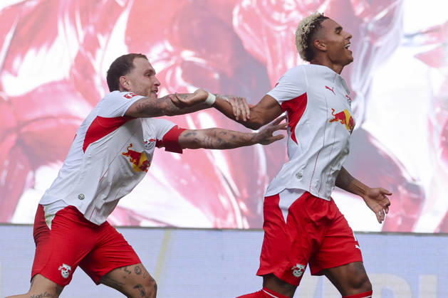Antonio Nusa (RB Leipzig) bejubelt seinen Treffer zum 2:0 mit David Raum (RB Leipzig) waehrend des Spiels der 1. Bundesliga zwischen RB Leipzig und Borussia Moenchengladbach, Red Bull Arena am 29. August 2026 in Leipzig, Deutschland. (Foto von Marco Steinbrenner DeFodi Images) +++ Antonio Nusa (RB Leipzig) celebrates after scoring his teams second goal with David Raum (RB Leipzig) during the Bundesliga match between RB Leipzig and Borussia Moenchengladbach at Red Bull Arena on August 29, 2026 in Leipzig, Germany. (Photo by Marco Steinbrenner DeFodi Images) DFB DFL REGULATIONS PROHIBIT ANY USE OF PHOTOGRAPHS AS IMAGE SEQUENCES AND OR QUASI-VIDEO. (Photo by Marco Steinbrenner DeFodi Images) -