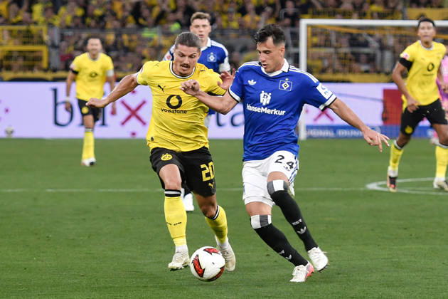 v. li. im Zweikampf Marcel Sabitzer (Dortmund 20) Nicolas Capaldo (SV 24) 29.08.2026 ¢ Fussball ¢ Borussia Dortmund vs Hamburger SV, Signal Iduna Park, Dortmund, DFB DFL REGULATIONS PROHIBIT ANY USE OF PHOTOGRAPHS AS IMAGE SEQUENCES AND OR QUASI-VIDEO NRW Germany