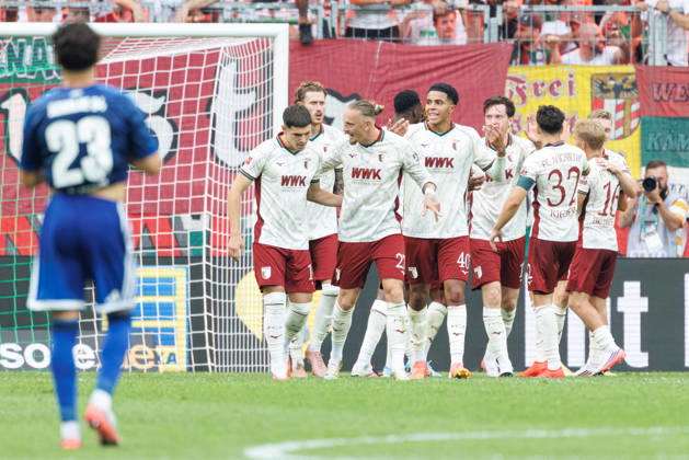 Team (FC Augsburg) Tor zum 2 : 0 beim Spiel zwischen FC Augsburg v FC Schalke 04, Fussball, Herren, Bundesliga, 2026 2027, 1.Spieltag am 30.08.2026 in Augsburg, WWK ARENA. DFL and DFB regulations prohibit any use of photographs as image sequences and or quasi-video. Bayern Deutschland