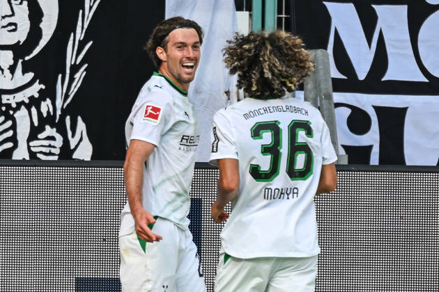 Joe Scally (Moenchengladbach 29) jubelt nach dem Tor zum 3:1 mit Wael Mohya (Moenchengladbach 36) 05.09.2026 ¢ Fussball ¢ Borussia Moenchengladbach vs SV Elversberg, Borussia-Park, Moenchengladbach, DFB DFL REGULATIONS PROHIBIT ANY USE OF PHOTOGRAPHS AS IMAGE SEQUENCES AND OR QUASI-VIDEO NRW Germany