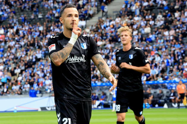 06.09.2026, DEU GER, Fussball , 2.Fussballbundesliga , Spieltag, Saison 2026 2027, Berliner Olympiastadion, Hertha BSC vs. 1.FC Magdeburger 1.1 durch Falko Michel ( 1.FC Magdeburg 21 ), 2. Liga: DFB DFL regulations prohibit any use of photographs as image sequences and or quasi-video) Berlin Berliner Olympiastadion Berlin Deutschland Copyright: xNordphotox xEnglerx