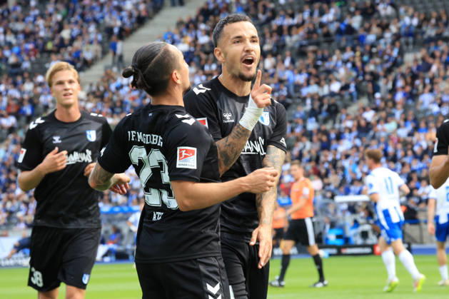 06.09.2026, DEU GER, Fussball , 2.Fussballbundesliga , Spieltag, Saison 2026 2027, Berliner Olympiastadion, Hertha BSC vs. 1.FC Magdeburger 1.1 durch Falko Michel ( 1.FC Magdeburg 21 ), Baris Atik ( 1.FC Magdeburg 23 ) 2. Liga: DFB DFL regulations prohibit any use of photographs as image sequences and or quasi-video) Berlin Berliner Olympiastadion Berlin Deutschland Copyright: xNordphotox xEnglerx