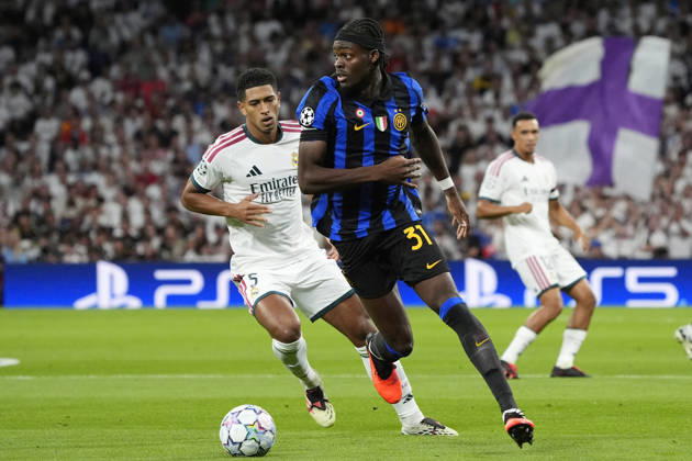 Real Madrid CF s Jude Bellingham (l) and Football Club Internazionale Milano s Yann Bisseck during Champions League 2026 2027, League phase, Matchday 1 match. September 8, 2026 (2026090825)