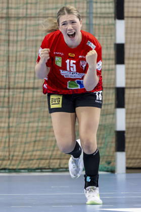 Alsco Handball Bundesliga Frauen, Saison 2026 2027 SV Union Halle-Neustadt vs.HSG Blomberg-Lippe Halle, Deutschland 09.September 2026: Im Bild:Fabienne Büch Buech (Halle) Jubel, Freude, Emotion, Torjubel, Torschuetze, Torschütze, Halle Saale SWH Arena Sachsen-Anhalt Deutschland