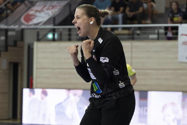 Alsco Handball Bundesliga Frauen, Saison 2026 2027 SV Union Halle-Neustadt vs.HSG Blomberg-Lippe Halle, Deutschland 09.September 2026: Im Bild:Torhueterin Lena Schmied (Halle) Mimik, starker Gesichtsausdruck, Emotion, Halle Saale SWH Arena Sachsen-Anhalt Deutschland