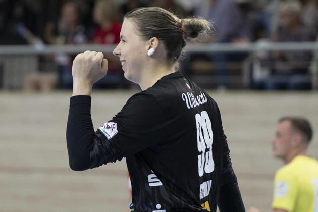 Alsco Handball Bundesliga Frauen, Saison 2026 2027 SV Union Halle-Neustadt vs.HSG Blomberg-Lippe Halle, Deutschland 09.September 2026: Im Bild:Torhueterin Lena Schmied (Halle) Gestik, Geste, gestikuliert, Halle Saale SWH Arena Sachsen-Anhalt Deutschland