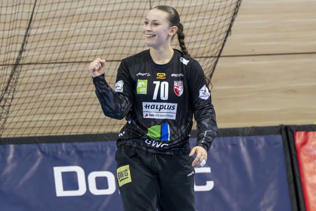 Alsco Handball Bundesliga Frauen, Saison 2026 2027 SV Union Halle-Neustadt vs.HSG Blomberg-Lippe Halle, Deutschland 09.September 2026: Im Bild:Torhueterin Nicola Czaja (Halle) Gestik, Geste, gestikuliert, Halle Saale SWH Arena Sachsen-Anhalt Deutschland