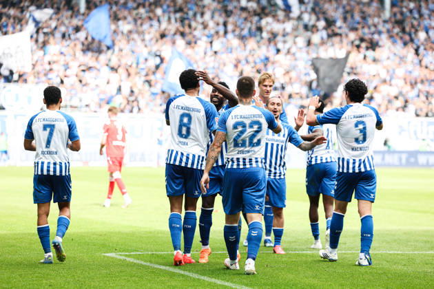 Torjubel - Torschütze Emmanuel Iyoha (1. FC Magdeburg,8) trifft zum 3-0 - 2. Fußball Bundesliga Saison 2026-2027 1. FC Magdeburg vs 1. FC Kaiserslautern in der Avnet Arena in Magdeburg - Aktion,Fußball,Mann,Männer,Deutschland,12.09.2026
