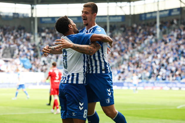 Torjubel - Torschütze Emmanuel Iyoha (1. FC Magdeburg,8) trifft zum 3-0 mit Mateusz Zukowski (1. FC Magdeburg,22) - 2. Fußball Bundesliga Saison 2026-2027 1. FC Magdeburg vs 1. FC Kaiserslautern in der Avnet Arena in Magdeburg - Aktion,Fußball,Mann,Männer,Deutschland,12.09.2026