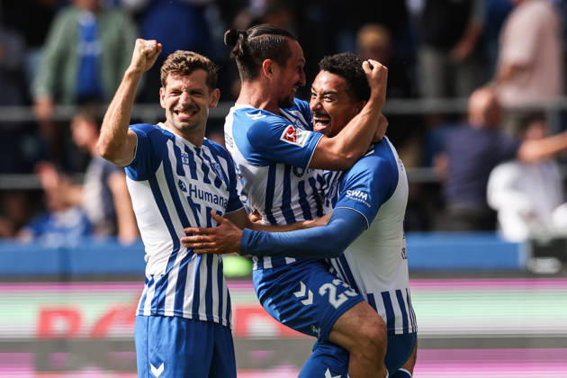 Torjubel - Torschütze Emmanuel Iyoha (1. FC Magdeburg,8) trifft zum 1-0 mit Baris Atik (1. FC Magdeburg,23) und Alexander Nollenberger (1. FC Magdeburg,17) - 2. Fußball Bundesliga Saison 2026-2027 1. FC Magdeburg vs 1. FC Kaiserslautern in der Avnet Arena in Magdeburg - Aktion,Fußball,Mann,Männer,Deutschland,12.09.2026