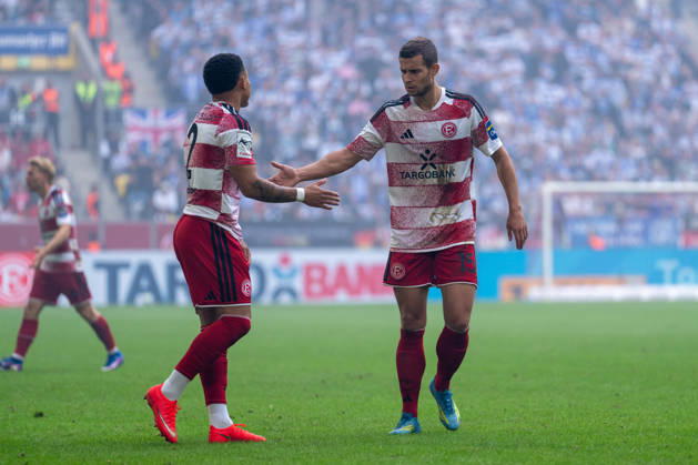 Steven van der Sloot (Fortuna Düsseldorf, 02) und Tim Oberdorf (Fortuna Düsseldorf, 15) klatschen ab Fortuna Duesseldorf vs. MSV Duisburg, Fussball, 3.Liga, 05.Spieltag, Saison 2026 27, 12.09.2026, DFL REGULATIONS PROHIBIT ANY USE OF PHOTOGRAPHS AS IMAGE SEQUENCES AND OR QUASI-VIDEO, Fortuna Duesseldorf vs. MSV Duisburg, Fussball, 3.Liga, 5.Spieltag, Saison 2026 27, 12.09.2026 Düsseldorf Copyright: xEibner-Pressefoto LukasxBaldygax EP_LBA