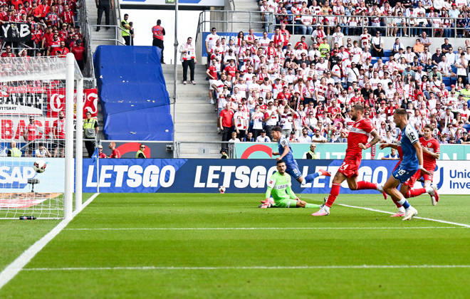 12.09.2026, SNP Arena, Sinsheim, GER, 1.FBL, TSG Hoffenheim vs VfB Stuttgart , Adam Hlozek (Hoffenheim) erzielt das Tor zum 1:0. DFL regulations prohibit any use of photographs as image sequences and or quasi-video. (Photo by Hasan Bratic DeFodi Images) -