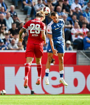 12.09.2026, SNP Arena, Sinsheim, GER, 1.FBL, TSG Hoffenheim vs VfB Stuttgart , Finn Jeltsch (Stuttgart), Tim Lemperle (Hoffenheim) DFL regulations prohibit any use of photographs as image sequences and or quasi-video. (Photo by Hasan Bratic DeFodi Images) -