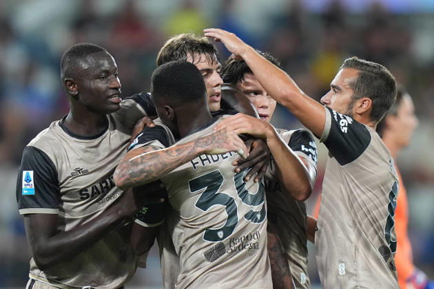 Cagliari s Daniel Maldini celebrates after scoring 1-2 during the Serie A soccer match between Atalanta and Cagliari at New Balance Arena in Bergamo , Italy - September 12, 2026. - Soccer Copyright: xSpada LaPressex
